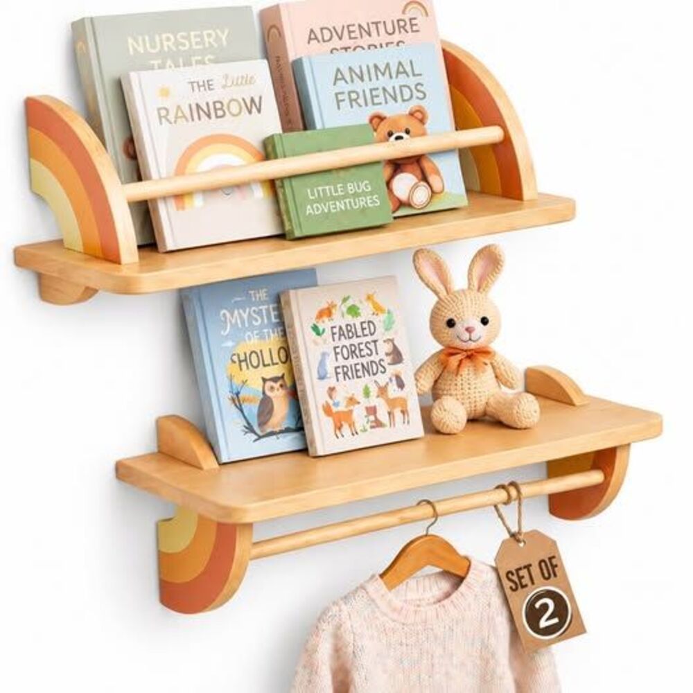 KitzeyBee Nursery Rainbow Floating Wall Shelves Set of 2 Beechwood Hanging Bar